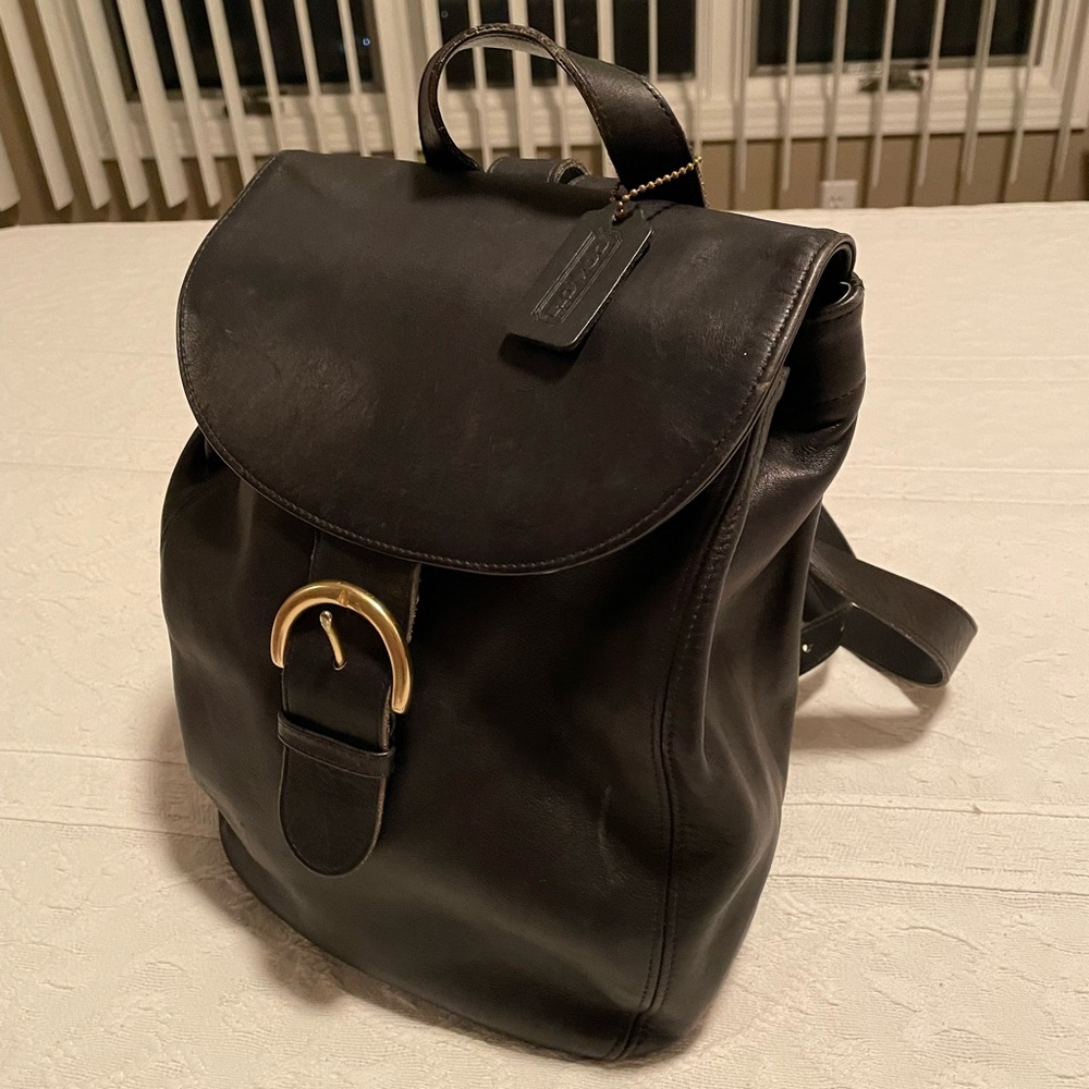 Coach Black Leather Buckle Backpack
